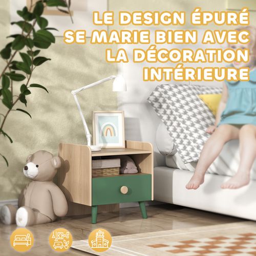 Chevet Enfant Style Nordique - Tiroir, Niche, Plateau - Effet Bois