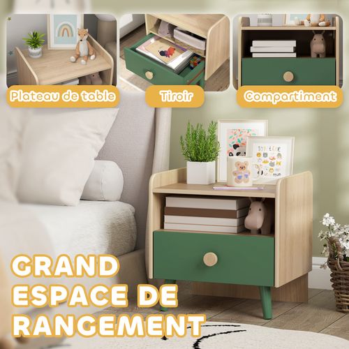 Chevet Enfant Style Nordique - Tiroir, Niche, Plateau - Effet Bois
