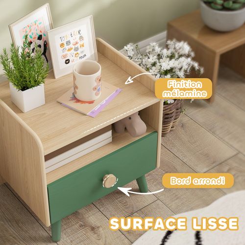 Chevet Enfant Style Nordique - Tiroir, Niche, Plateau - Effet Bois