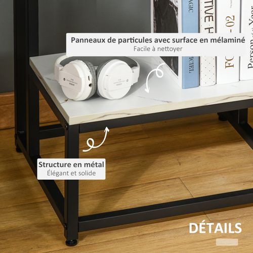 Guéridon Bout De Canapé Design Néo-rétro Acier Plateau Étagère Aspect Marbre Blanc