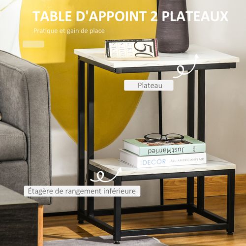 Guéridon Bout De Canapé Design Néo-rétro Acier Plateau Étagère Aspect Marbre Blanc