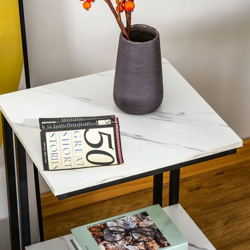 Guéridon Bout De Canapé Design Néo-rétro Acier Plateau Étagère Aspect Marbre Blanc