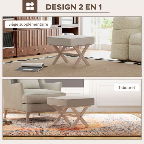 Pouf Repose-pied Style Nordique Bois Hévéa Tissu Beige