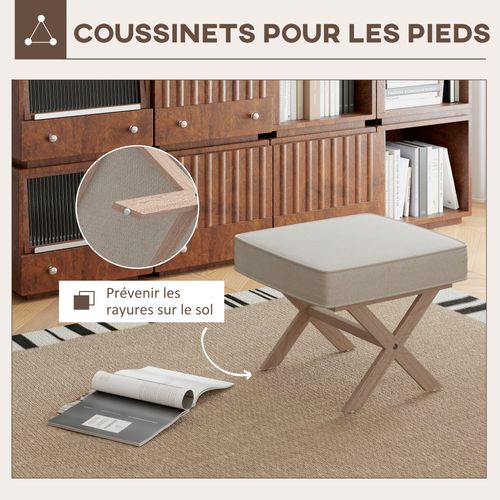 Pouf Repose-pied Style Nordique Bois Hévéa Tissu Beige