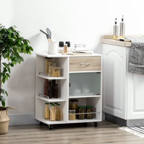 Desserte De Cuisine Style Contemporain - Multi-rangement - Effet Bois Métal Verre