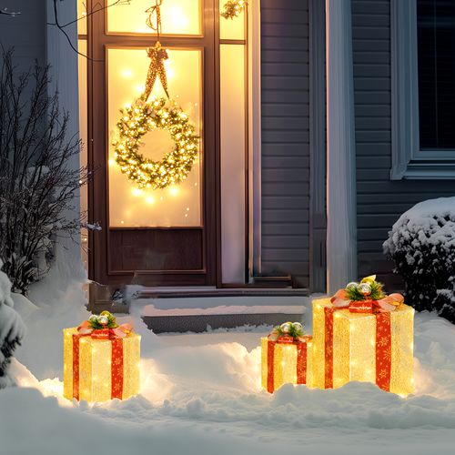 Boîtes Cadeaux Lumineuses De Noël - Lot De 3 - LED Blanc Chaud - 8 Modes - Décoration Intérieur/extérieur - Piles AA