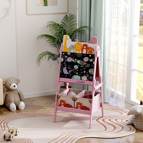 Tableau Enfant Double Face Tableau Blanc Et Noir - 2 Boites Rangement Incluses - Mdf Rose