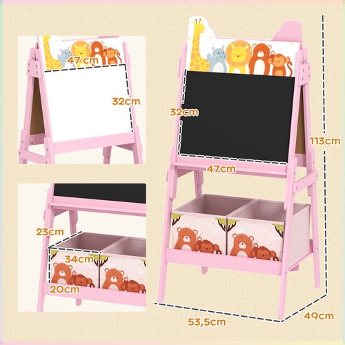 Tableau Enfant Double Face Tableau Blanc Et Noir - 2 Boites Rangement Incluses - Mdf Rose