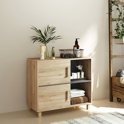 Meuble Bas Salle De Bain Style Bohème 2 Portes 2 Niches Gris Effet Bois Clair