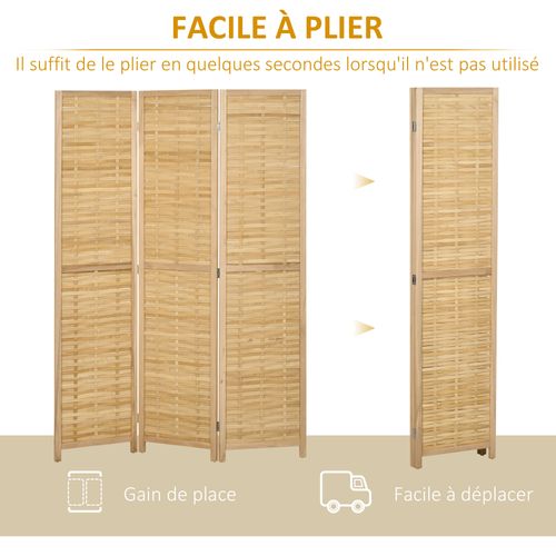 Paravent Intérieur Pliable 3 Panneaux Bois Bambou