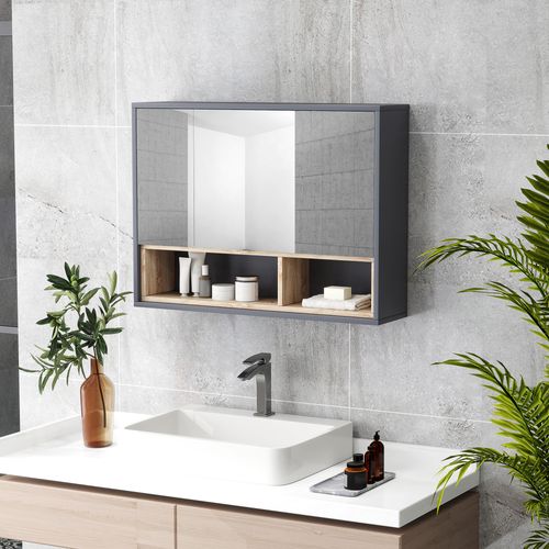 HOMCOM Armoire Murale Salle De Bain Avec Miroir - Meuble Chêne Avec Étagère Réglable