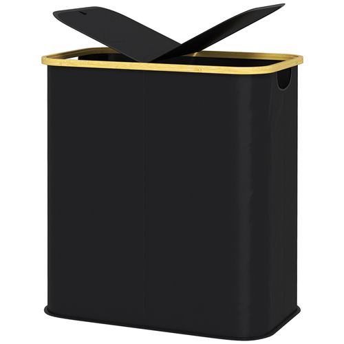 Panier à Linge Double Pliable 80l Non Tissé Noir Bambou