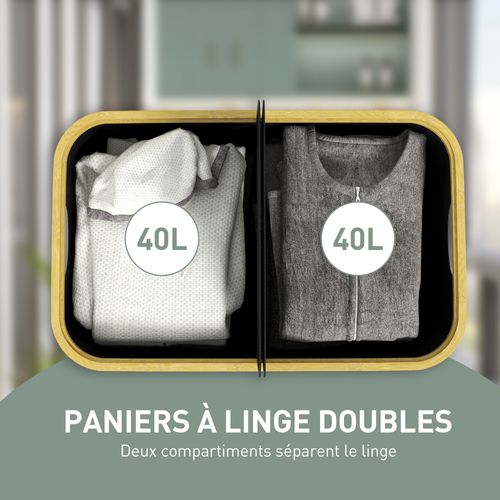 Panier à Linge Double Pliable 80l Non Tissé Noir Bambou