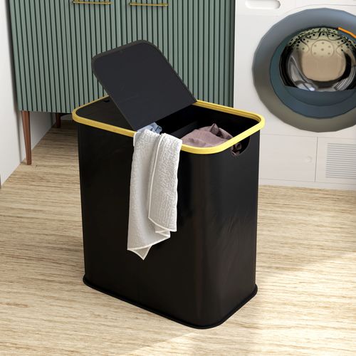 Panier à Linge Double Pliable 80l Non Tissé Noir Bambou