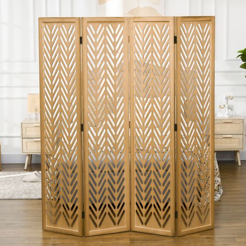 Paravent 4 Panneaux En Bois Paulownia Avec Perforations - Séparateur De Pièce Pliable, Design Naturel | Pour Maison Ou Boutique