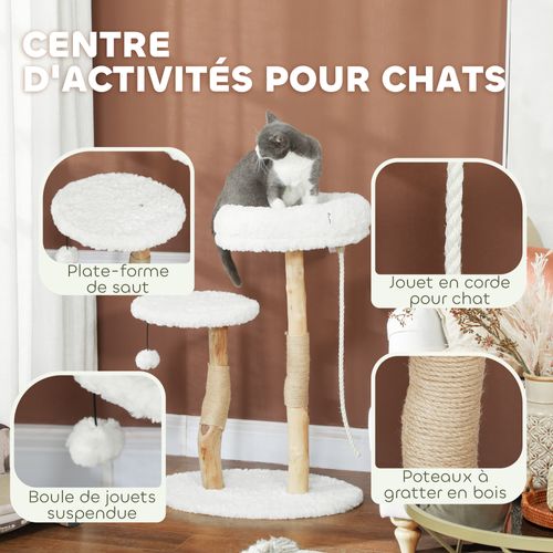 Arbre à Chat Style Bohème Chic H.85 Cm Bois Naturel Effet Laine Bouclée