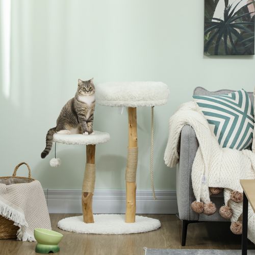 Arbre à Chat Style Bohème Chic H.85 Cm Bois Naturel Effet Laine Bouclée