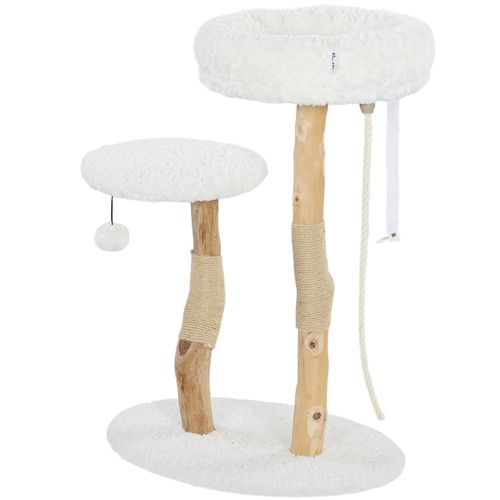 Arbre à Chat Style Bohème Chic H.85 Cm Bois Naturel Effet Laine Bouclée