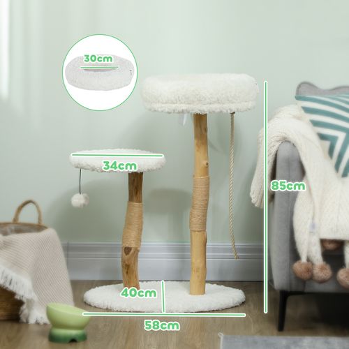 Arbre à Chat Style Bohème Chic H.85 Cm Bois Naturel Effet Laine Bouclée