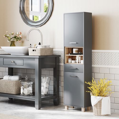 Colonne Salle De Bain Design - 2 Portes, 2 Niches, Tiroir - Gris Effet Bois