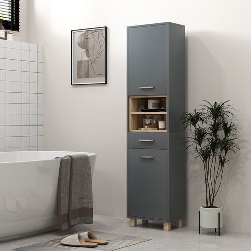 Colonne Salle De Bain Design - 2 Portes, 2 Niches, Tiroir - Gris Effet Bois