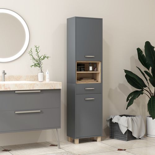 Colonne Salle De Bain Design - 2 Portes, 2 Niches, Tiroir - Gris Effet Bois