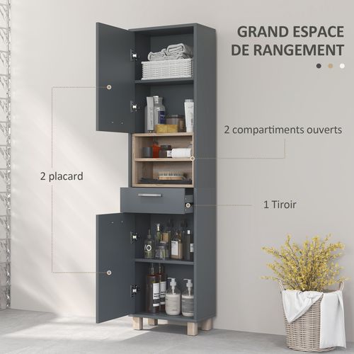 Colonne Salle De Bain Design - 2 Portes, 2 Niches, Tiroir - Gris Effet Bois