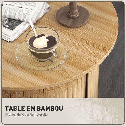Table Basse Ronde Style Exotique Bambou - Porte Coulissante - Ø60 X 45h Cm