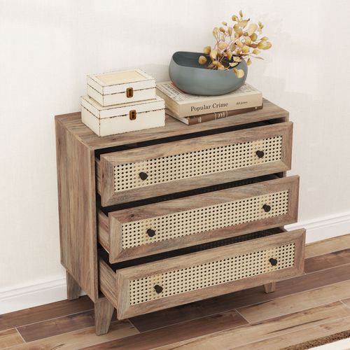 Commode 3 Tiroirs Style Bohème Chic Cannage Rotin Aspect Bois Manguier
