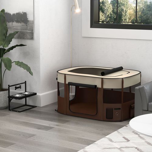 Parc Pliable Pour Chien En Tissu Oxford - Fenêtres, Portes, Sac Rangement - Marron