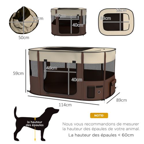 Parc Pliable Pour Chien En Tissu Oxford - Fenêtres, Portes, Sac Rangement - Marron