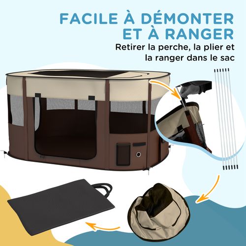 Parc Pliable Pour Chien En Tissu Oxford - Fenêtres, Portes, Sac Rangement - Marron