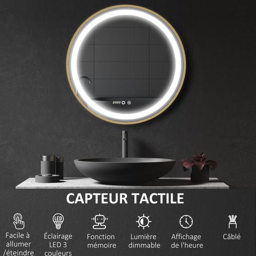 Miroir Rond LED Tactile Réglable Salle De Bain Dia. 60 Cm Alu Doré