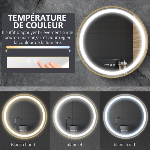 Miroir Rond LED Tactile Réglable Salle De Bain Dia. 60 Cm Alu Doré