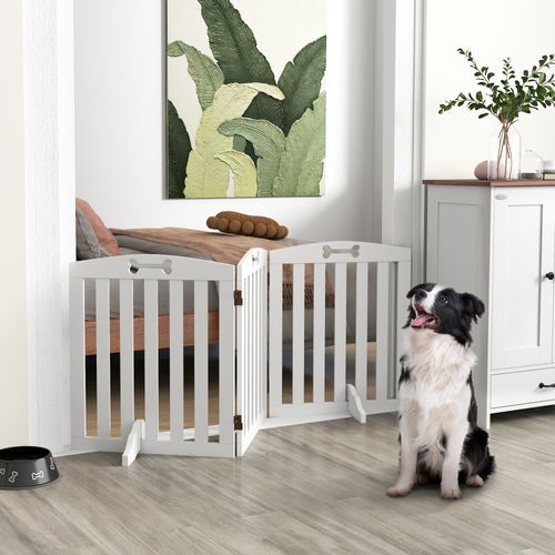 Barrière De Sécurité Chien Pliable Adaptable Motif Os Mdf Blanc