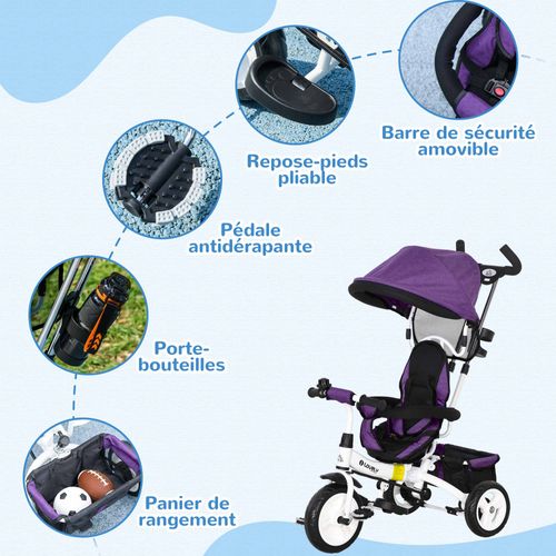 Tricycle Enfant Évolutif Pare-soleil Pliable Canne Télescopique Amovible Acier