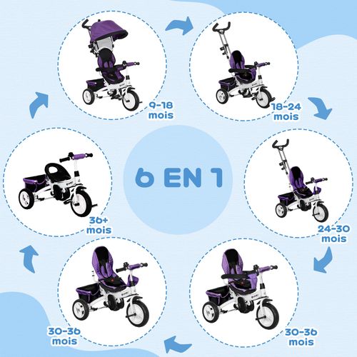 Tricycle Enfant Évolutif Pare-soleil Pliable Canne Télescopique Amovible Acier