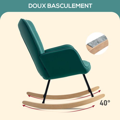 Fauteuil à Bascule Rocking Chair Design Acier Piètement Bois Effet Velours