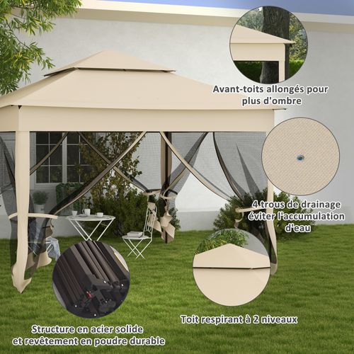 Tonnelle Barnum Automatique Pop-up 3 X 3 M Moustiquaires Sac Inclus Beige