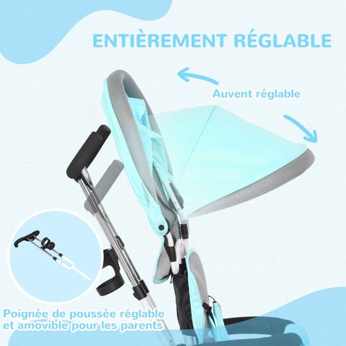 Tricycle Enfant Évolutif Pare-soleil Pliable Canne Télescopique Amovible Acier