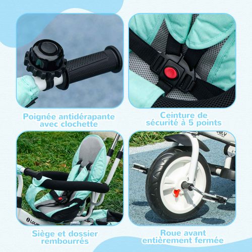 Tricycle Enfant Évolutif Pare-soleil Pliable Canne Télescopique Amovible Acier