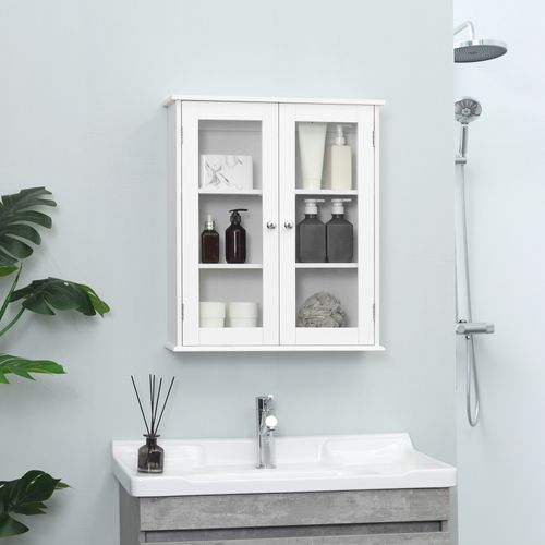 Armoire Murale Salle De Bain 2 Portes Vitrées 2 Étagères Blanc