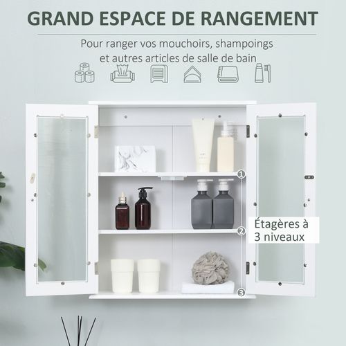 Armoire Murale Salle De Bain 2 Portes Vitrées 2 Étagères Blanc