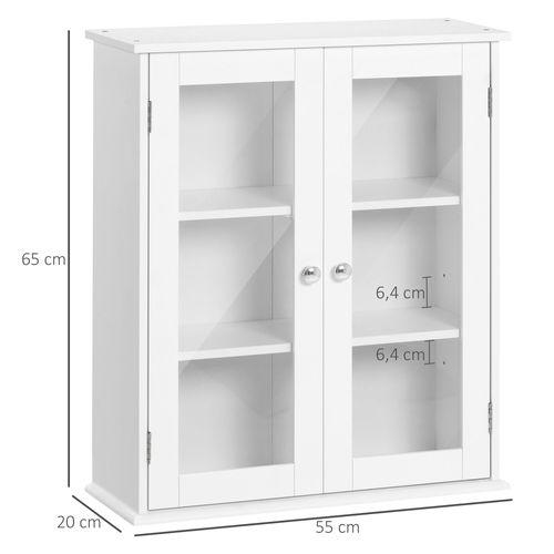 Armoire Murale Salle De Bain 2 Portes Vitrées 2 Étagères Blanc