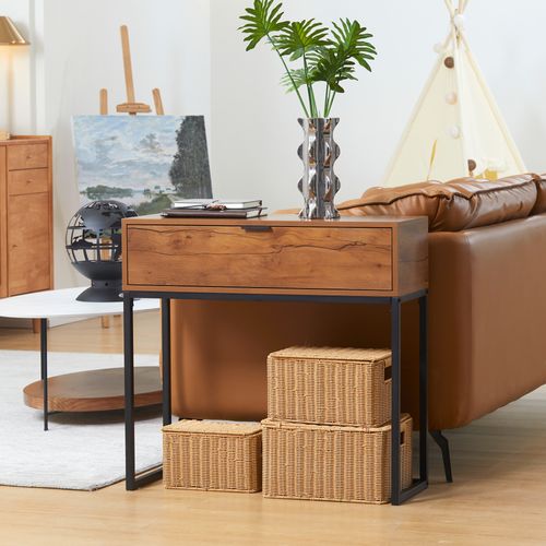 Console Design - Grand Tiroir - Acier Noir Effet Bois Noyer