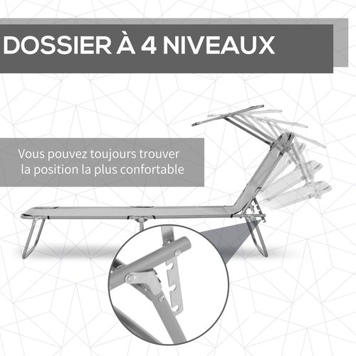 Transat Bain De Soleil Pliable - Dossier, Pare-soleil Réglable - Gris Clair