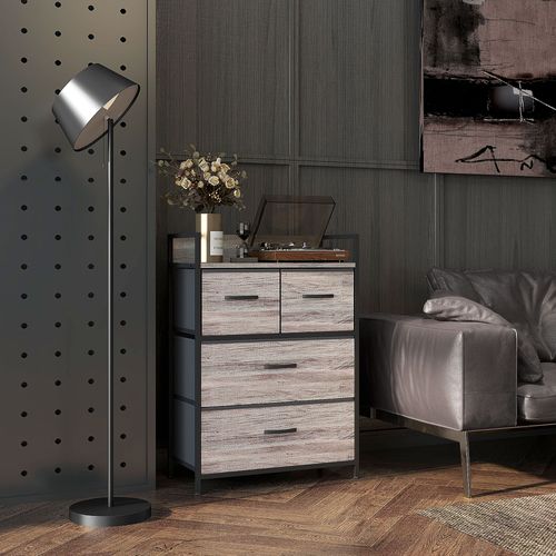 Commode Style Industriel - 4 Tiroirs - Acier Noir Non Tissé Plateau Effet Bois