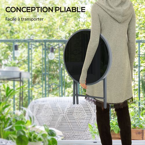 Table Basse Pliable D'appoint Dia. 45 Cm Acier Gris Plateau Verre Trempé Noir