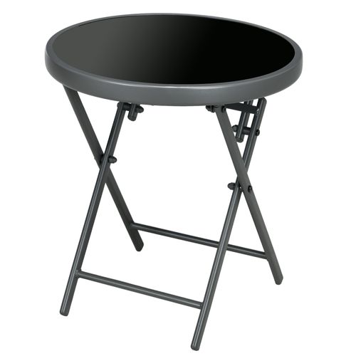 Table Basse Pliable D'appoint Dia. 45 Cm Acier Gris Plateau Verre Trempé Noir