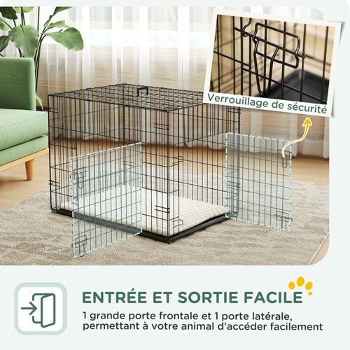 Cage Chien Pliable 2 Portes Plateau Coussin Beige Noir